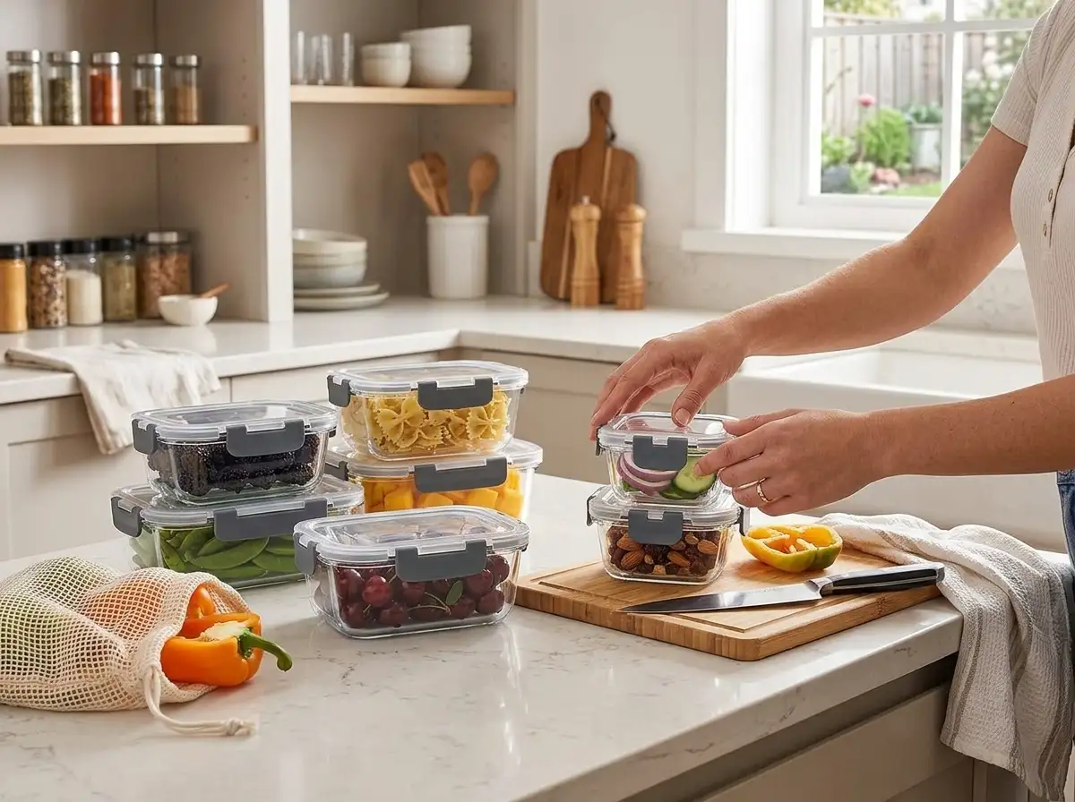 KOMUEE glass containers organized in a modern American kitchen