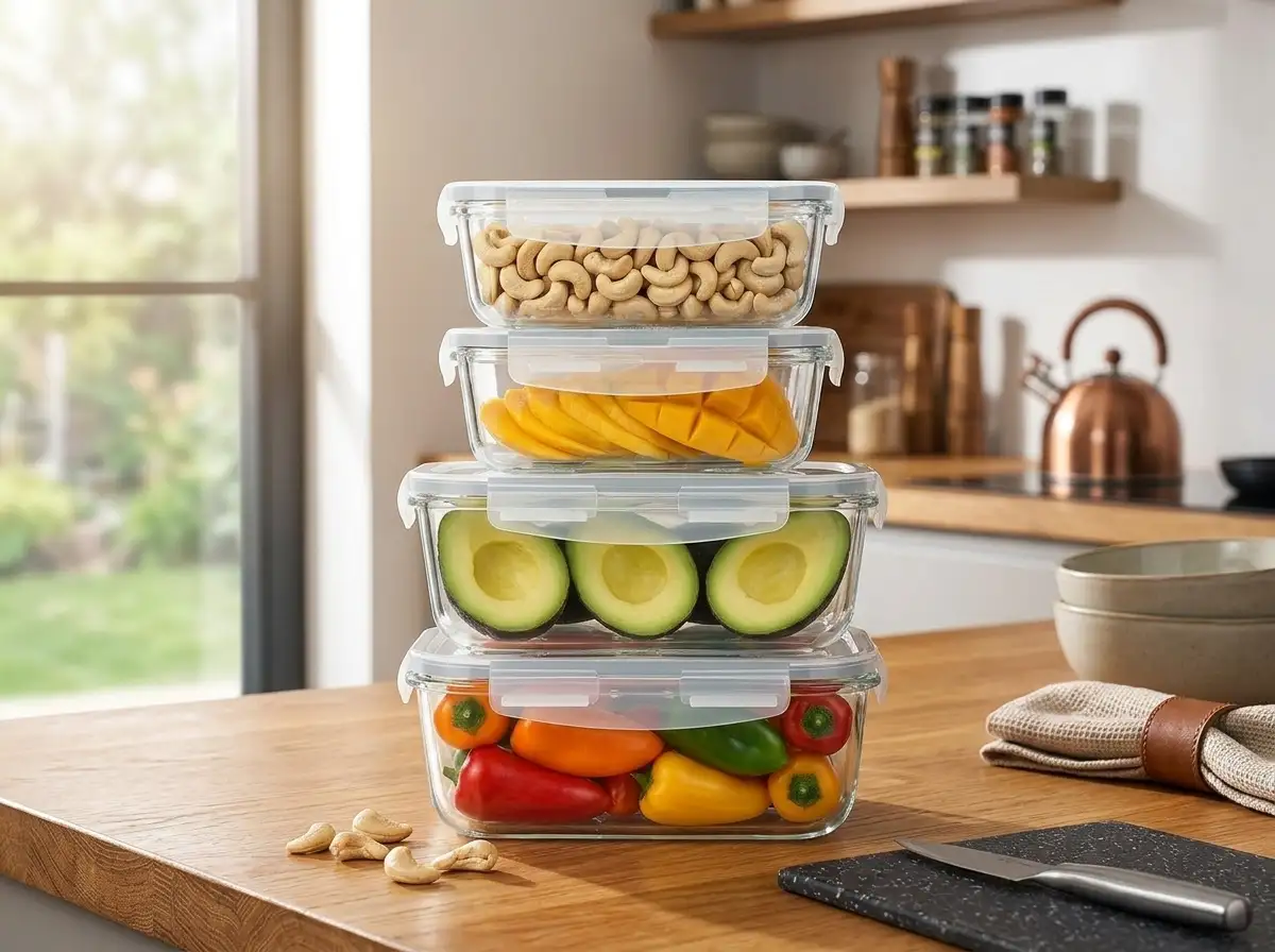 Fresh healthy meal inside a KOMUEE glass container