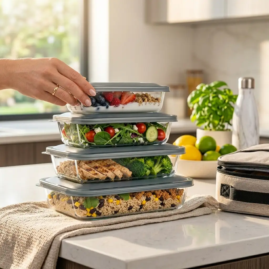 KOMUEE premium glass meal prep containers on marble counter