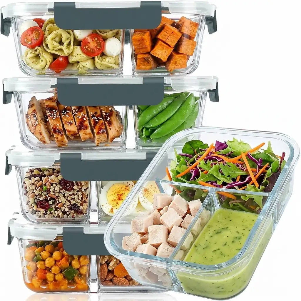 KOMUEE 5-Pack 30oz Glass Meal Prep Containers with 2 compartments divided