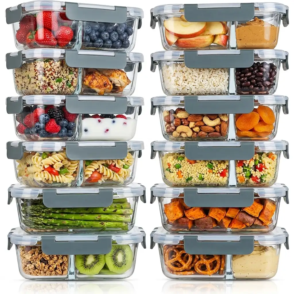 KOMUEE 10-Pack 30oz Glass Meal Prep Containers with 2 compartments